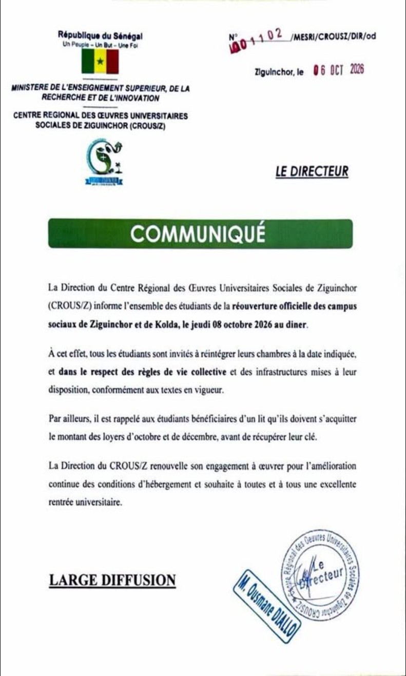 CROUS/Z statement no. 001102 of 6 October 2026 announcing the reopening of the social campuses