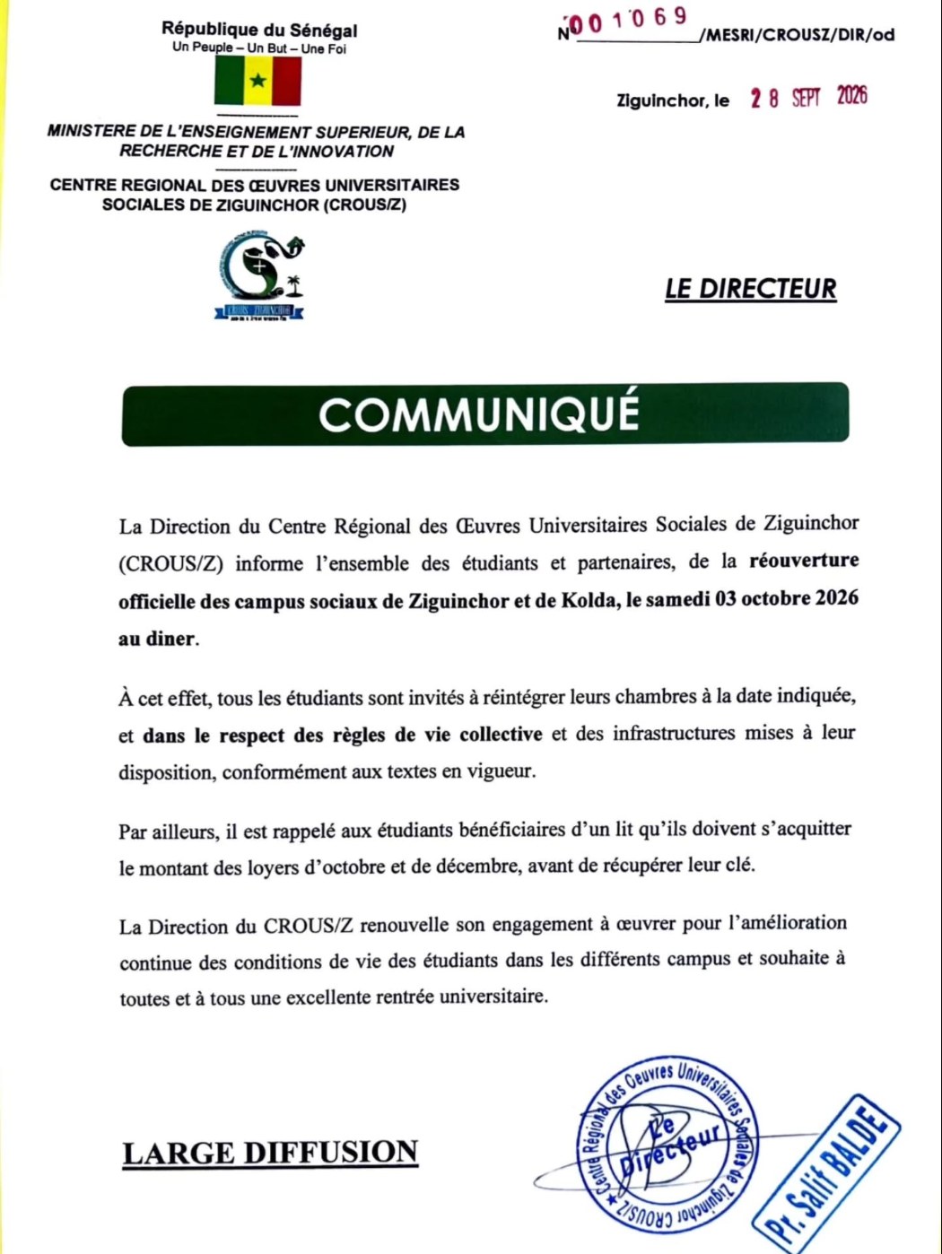 Communiqué n° 001069 du CROUS/Z du 28 septembre 2026