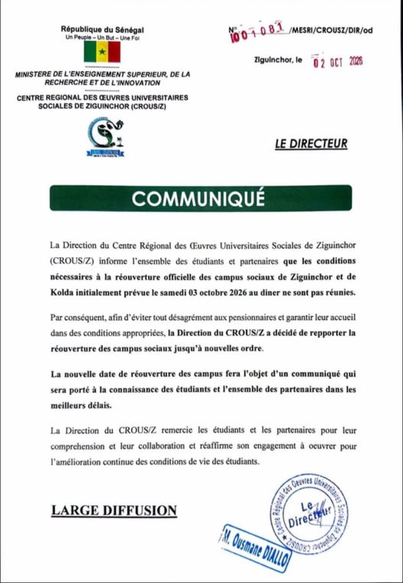 Communiqué n° 001081 du CROUS/Z du 2 octobre 2026 annonçant le report de la réouverture des campus sociaux