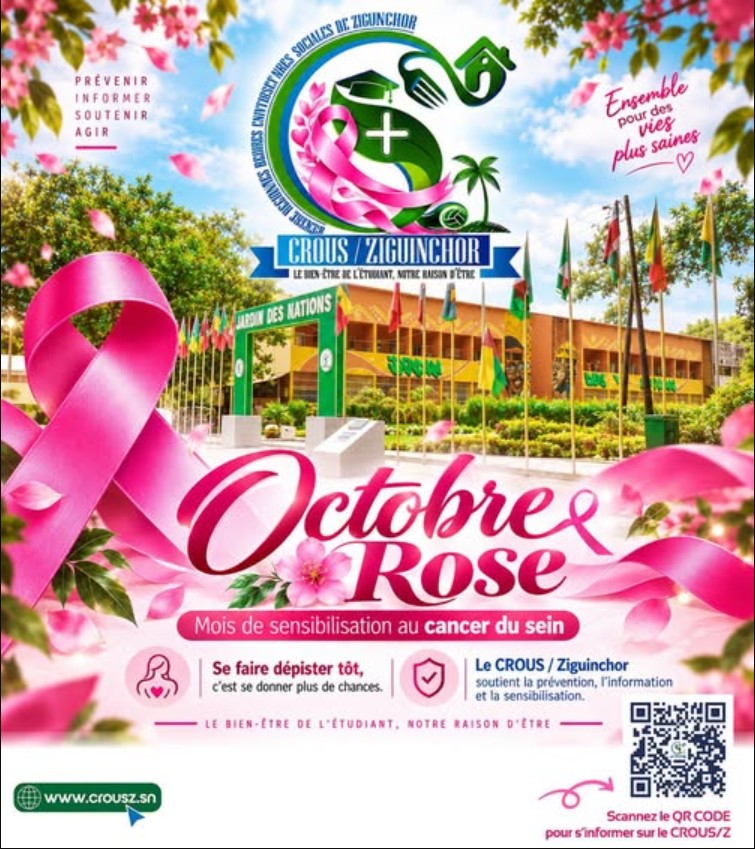 Affiche Octobre Rose du CROUS de Ziguinchor devant le Jardin des Nations
