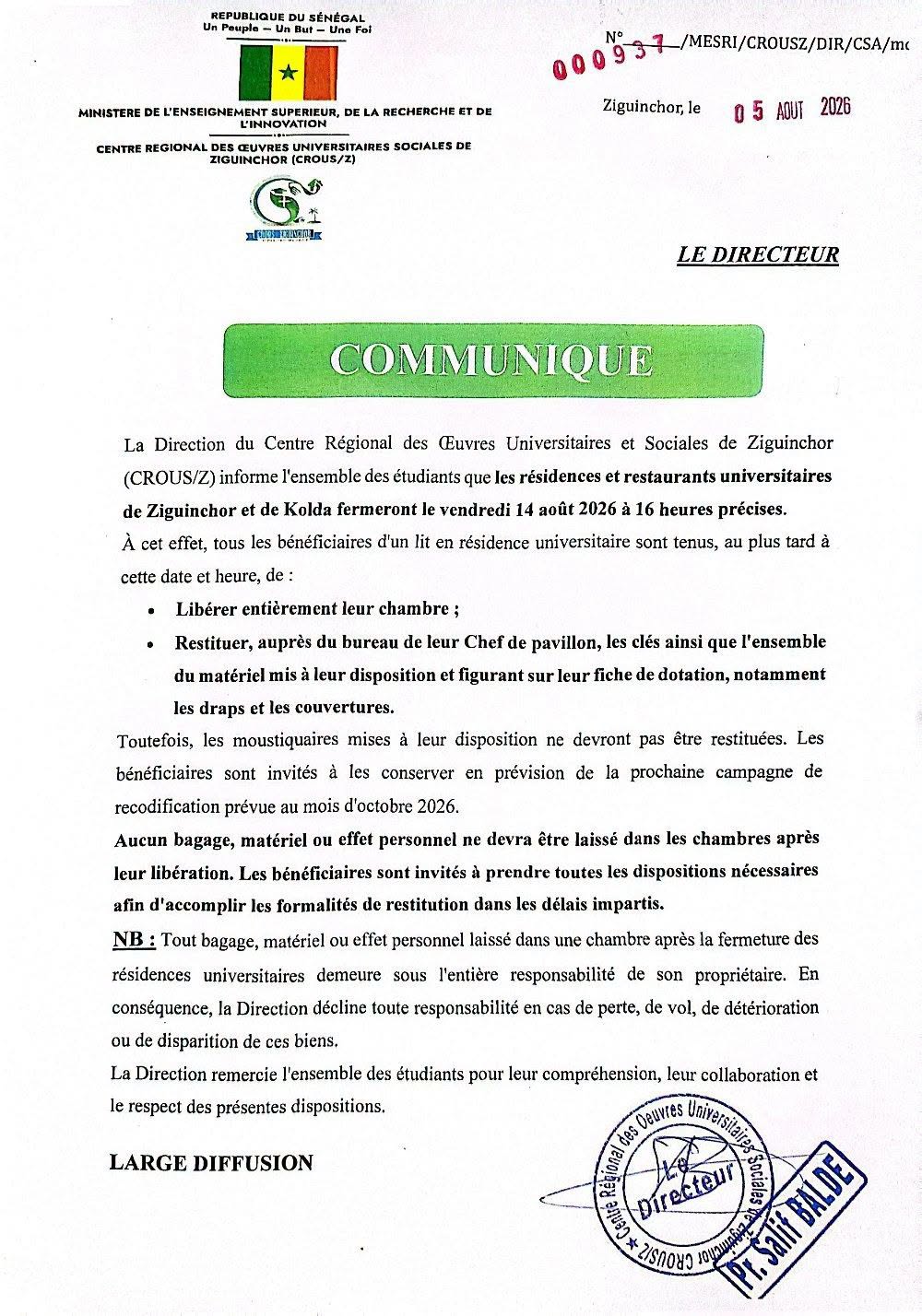 Fermeture des résidences et restaurants universitaires le 14 août 2026
